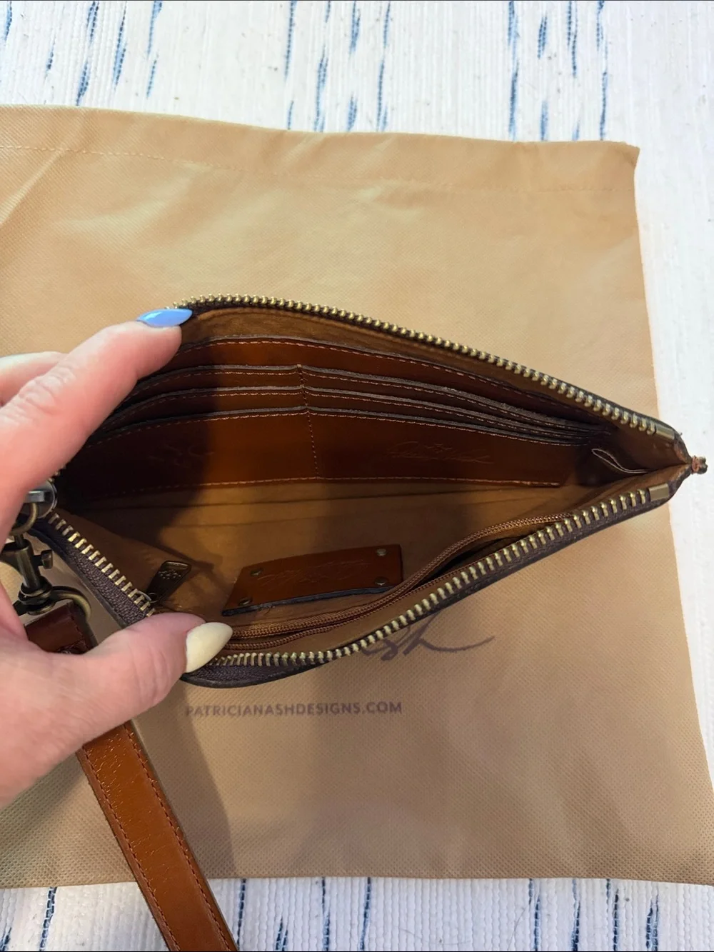 Patricia Nash Burgundy Floral Zip Wristlet with Brown Strap
